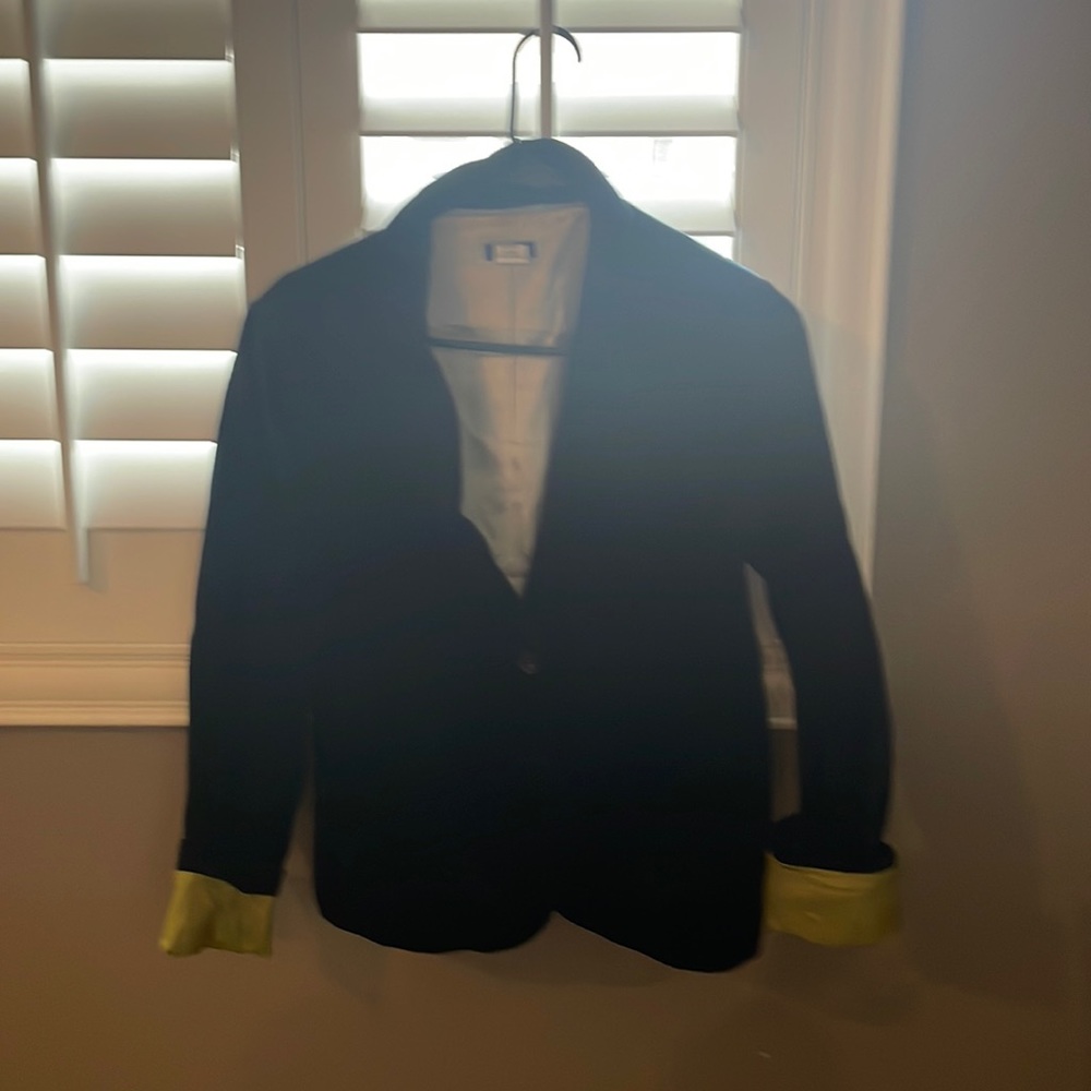 Blue velvet blazer with green accent inner sleeves